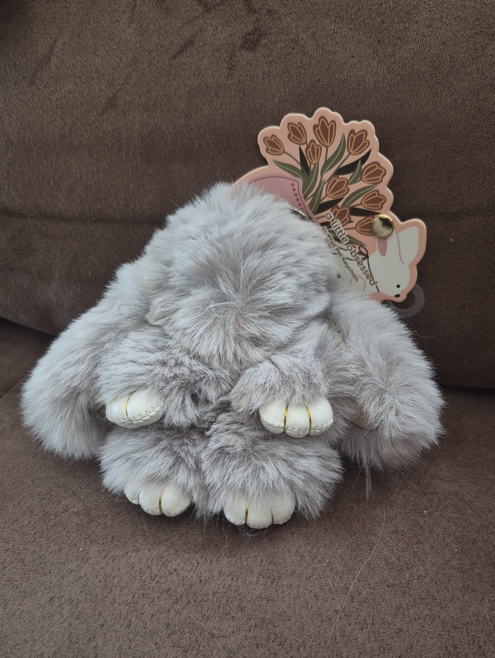 Plush Gray Bunny Keychain Pom Pom Bag Charm